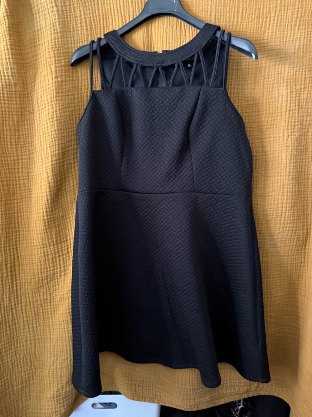Black Textured Fit & Flare Dress with Lattice Yoke